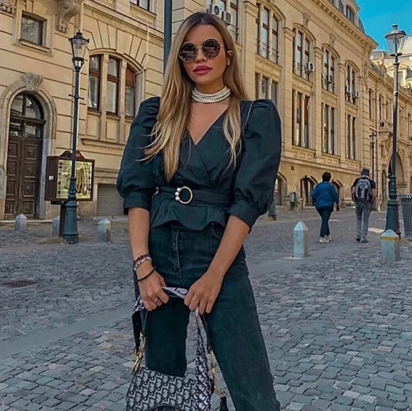 NWT* Zara Belted Puff Shoulder Poplin Wrap Blouse Black Top Shirt - Picture 2 of 12